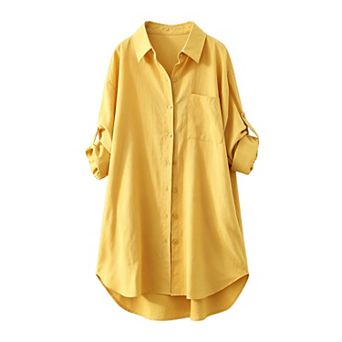 Women Collared Longline Tunic Shirt Roll Tab Sleeve Patch Pocket Loose Button Down Blouse