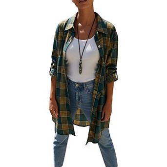 Women Plaid Collared Longline Tunic Shirt Roll Tab Sleeve Loose Button Down Open Front Blouse