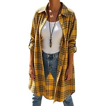 Women Plaid Collared Longline Tunic Shirt Roll Tab Sleeve Loose Button Down Open Front Blouse