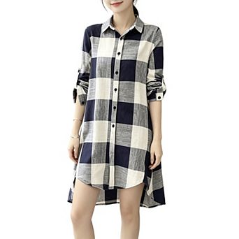 Women Plaid Collared Tunic Shirt Roll Tab Sleeve Loose Button Down Longline Blouse