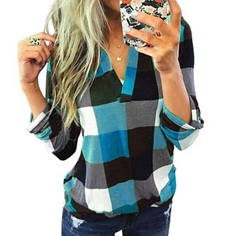 Women Plaid Stand Collar V Neck Blouse Roll Tab Long Sleeve Casual Henley Shirt