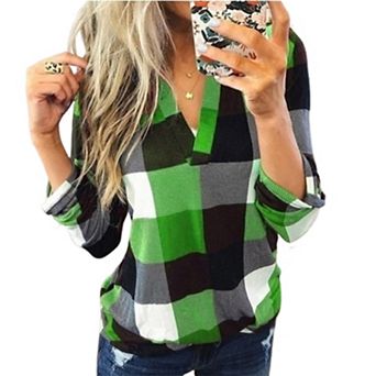 Women Plaid Stand Collar V Neck Blouse Roll Tab Long Sleeve Casual Henley Shirt