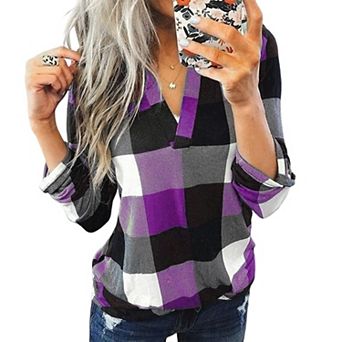 Women Plaid Stand Collar V Neck Blouse Roll Tab Long Sleeve Casual Henley Shirt