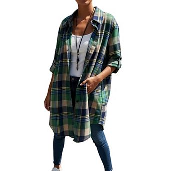 Women Plaid Collared Longline Tunic Shirt Roll Tab Sleeve Loose Button Down Open Front Blouse