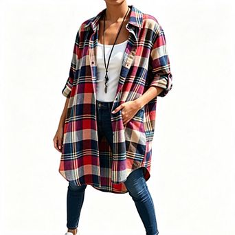 Women Plaid Collared Longline Tunic Shirt Roll Tab Sleeve Loose Button Down Open Front Blouse