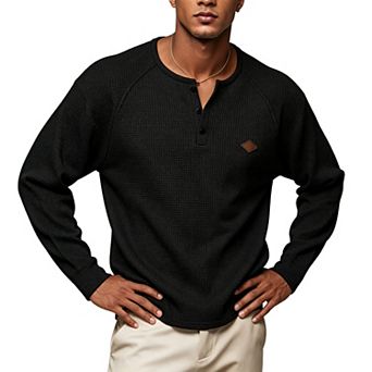 Men Waffle Knit Henley Long Sleeve Shirt, Raglan Sleeve Casual Tee with Decorative Leather Patch