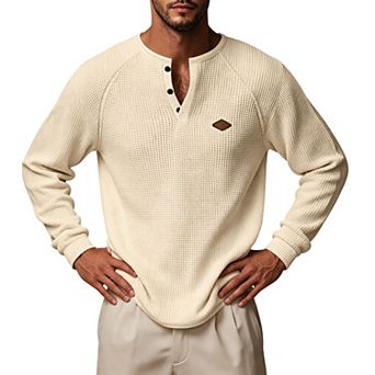 Men Waffle Knit Henley Long Sleeve Shirt, Raglan Sleeve Casual Tee with Decorative Leather Patch