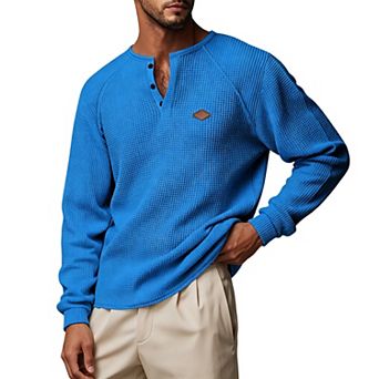 Men Waffle Knit Henley Long Sleeve Shirt, Raglan Sleeve Casual Tee with Decorative Leather Patch