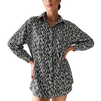 Women Printed Collared Button Down Satin Long Sleeve Casual Loose Blouse with Cuffed Sleeves