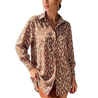 Women Printed Collared Button Down Satin Long Sleeve Casual Loose Blouse with Cuffed Sleeves