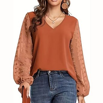 Women V Neck Blouse Swiss Dot Mesh Long Lantern Sleeve Elegant Casual Loose Tops