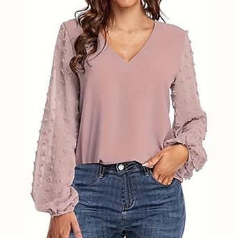 Women V Neck Blouse Swiss Dot Mesh Long Lantern Sleeve Elegant Casual Loose Tops