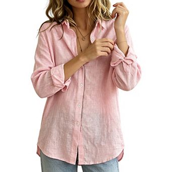 Women Collared Button Down Shirt Textured Woven Casual Long Sleeve Blouse Curved Hem