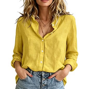Women Collared Button Down Shirt Textured Woven Casual Long Sleeve Blouse Curved Hem