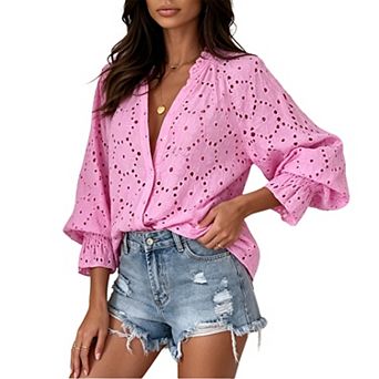 Women Eyelet Embroidered Blouse, V‑Neck Lantern Long Sleeve Button Down Casual Shirt