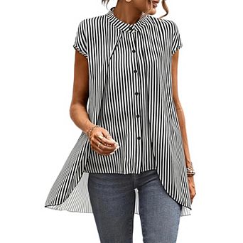 Women Striped Stand Collar Cap Sleeve Tunic Blouse, Front Button High‑Low Hem Casual Shirt