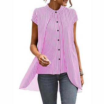 Women Striped Stand Collar Cap Sleeve Tunic Blouse, Front Button High‑Low Hem Casual Shirt