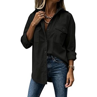 Women Oversized Long Sleeve Button Down Shirt, Lapel Blouse with Dual Chest Pockets