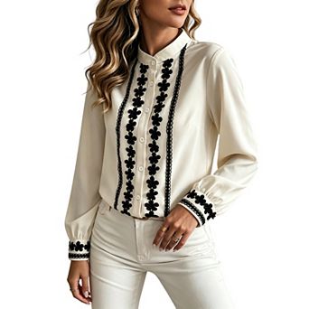 Women Stand Collar Long Sleeve Blouse Floral Embroidery Trim Button‑Front Dressy Casual Shirt