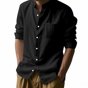 Men Mandarin Collar Linen Blend Shirt, Roll‑Up Tab Sleeve Button Down with Chest Pocket
