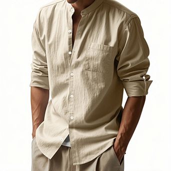 Men Mandarin Collar Linen Blend Shirt, Roll‑Up Tab Sleeve Button Down with Chest Pocket