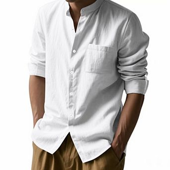 Men Mandarin Collar Linen Blend Shirt, Roll‑Up Tab Sleeve Button Down with Chest Pocket