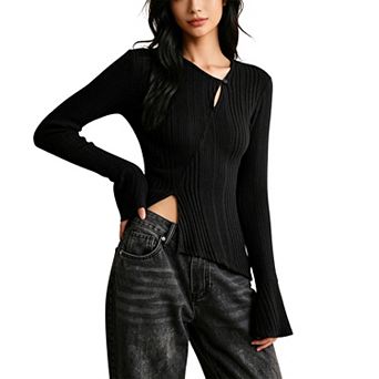 Women Long Sleeve Ribbed Knit Top Asymmetrical Hem Keyhole Neck Casual Blouse