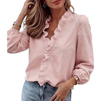 Women Long Sleeve Blouse, Ruffled Trim V‑Neck Elastic Cuff Casual Dressy Shirt Top