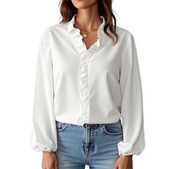 Women Long Sleeve Blouse, Ruffled Trim V‑Neck Elastic Cuff Casual Dressy Shirt Top