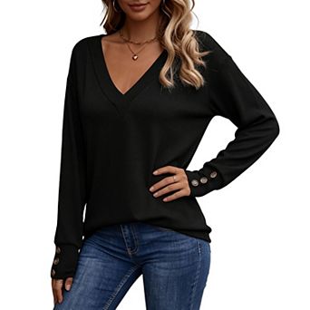 Women Long Sleeve V‑Neck Blouse, Casual Loose Top with Decorative Button Cuffs
