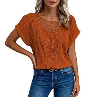 Women Short Sleeve Knit Top, Hollow Crochet Lace Front Dolman Sleeve Casual Blouse