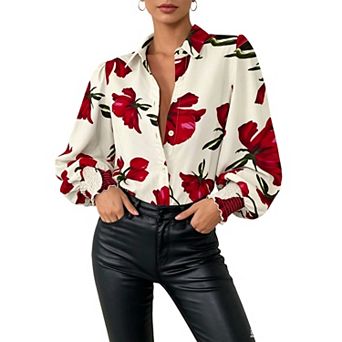 Women Collared Long Sleeve Button Down Shirt, Smocked Cuff Printed Casual Blouse Top
