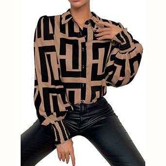 Women Collared Long Sleeve Button Down Shirt, Smocked Cuff Printed Casual Blouse Top