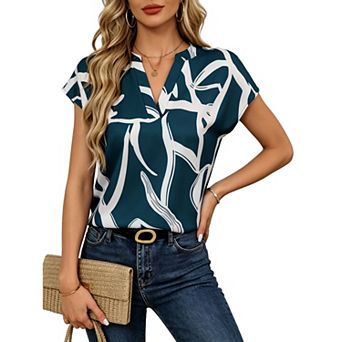 Women Short Sleeve V‑Neck Blouse, Abstract Print Split Notch Collar Casual Shirt