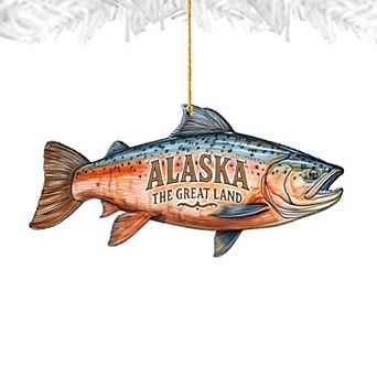 Alaska Salmon Wooden Ornament "The Great Land" Keepsake Decor by G. DeBrekht