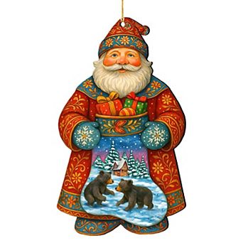 Santa Wooden Ornament with Winter Bears Handcrafted Decoration by G. DeBrekht