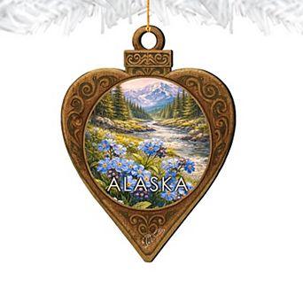 Alaska Forget-Me-Not Heart Keepsake Wooden Ornament by G. DeBrekht