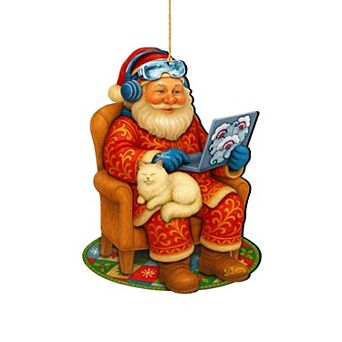 Santa with Laptop Wooden Ornament Handcrafted Decor by G. DeBrekht