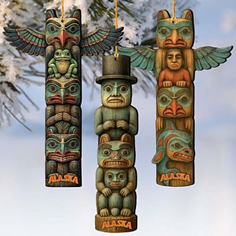 Northwest Spirit Totems Eco Wood Ornaments Set of 3 by G. Debrekht