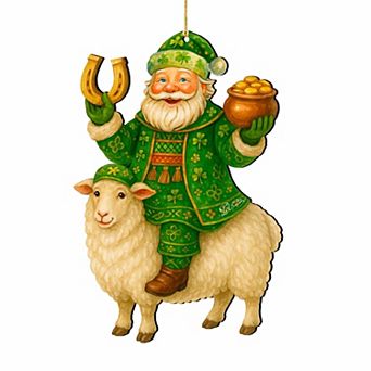 Wooden Irish Santa Ornament Shamrock Santa on Sheep with Pot of Gold by G. DeBrekht