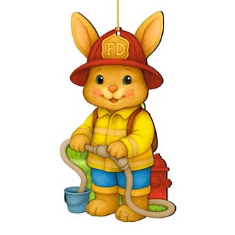 Firefighter Bunny Easter Wooden Ornament Handcrafted Wooden Decor by G. Debrekht
