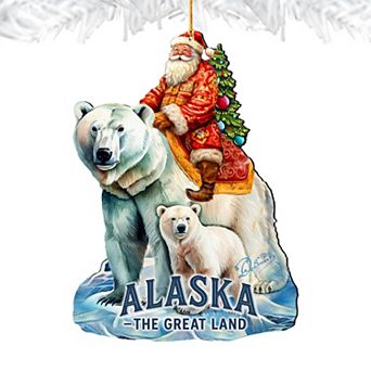Alaska Santa & Polar Bear Wooden Ornament "The Great Land" Keepsake Decor by G. DeBrekht