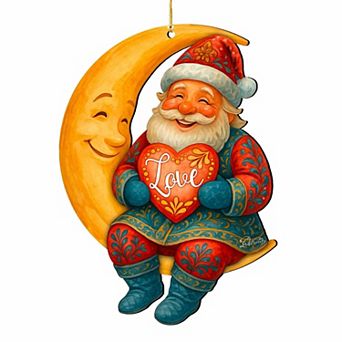 Santa with Love Heart Wooden Ornament Santa on Crescent Moon Decor by G. DeBrekht