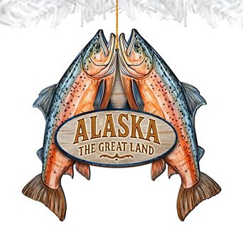 Alaska Salmon Duo Wooden Ornament "The Great Land" Keepsake Decor by G. DeBrekht
