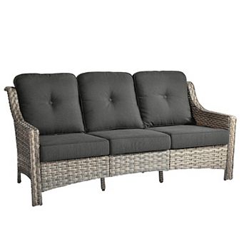 Ovios Outdoor Wicker Conversation Sofa w/ 3.54" Thick Cushion, 3-Seater Outdoor Couch for Patio