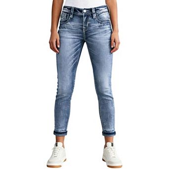 Women Mid Rise Cropped Skinny Denim Jeans, Faded Stretch Ankle Pants with Back Pockets