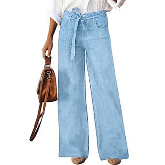Women High Waist Wide Leg Denim Jeans, Self Tie Belt Loose Straight Pants with Trousers
