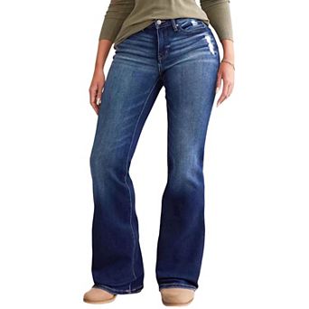 Women Mid Rise Bootcut Jeans, Distressed Whisker Flare Denim Pants with Back Pockets