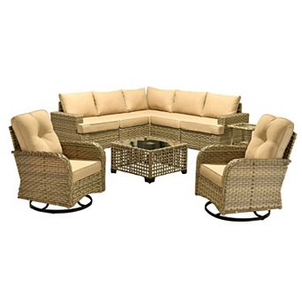 Ovios 9 pc PE Wicker Outdoor Sectional Sofa Set, w/ Solar Coffee Table & Swivel Chairs for Patio