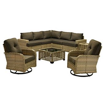 Ovios 9 pc PE Wicker Outdoor Sectional Sofa Set, w/ Solar Coffee Table & Swivel Chairs for Patio